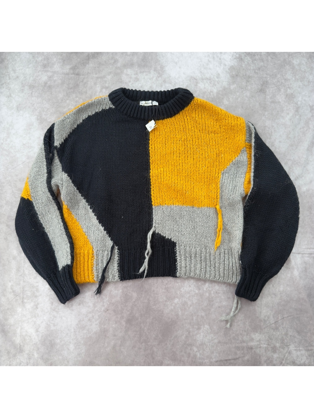 NWT Zara Knit Distressed Colorblock Chunky Sweater Small Black Yellow Grey